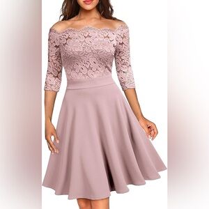 Women's Vintage Floral Lace Half Sleeve Boat Neck Formal Swing Dress Pink XXL